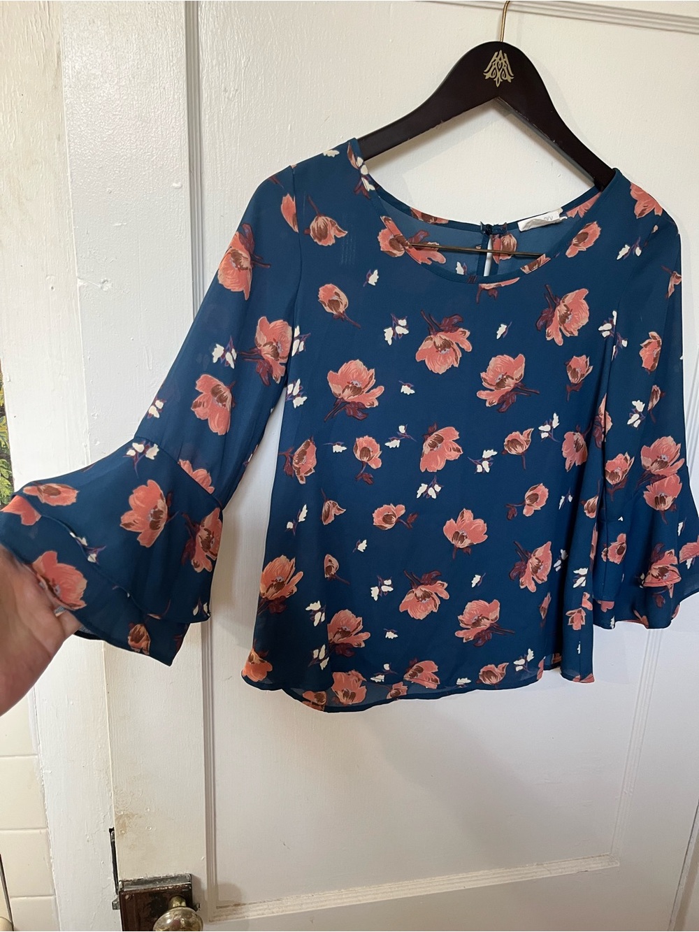 Sienna Sky Navy Floral Ruffle Bell Sleeve Top Blouse Poppy Cottagecore XS EUC